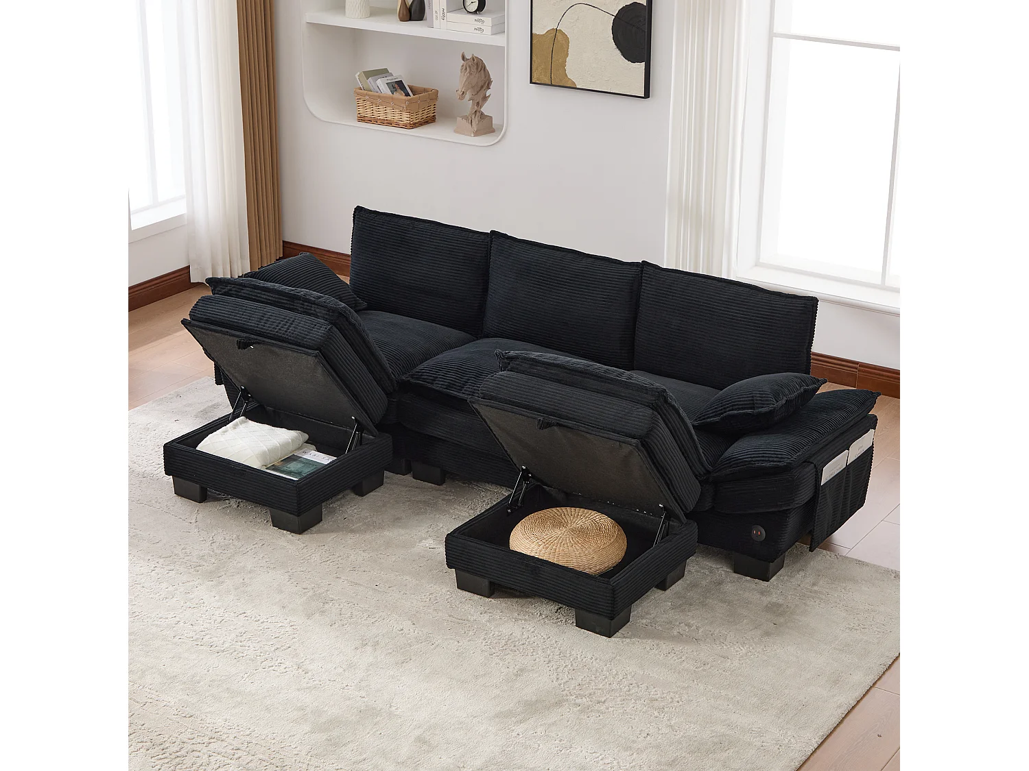 3-Sitzer-Cordsofa-Set – 260 x 132 x 84 cm – mit 2 Aufbewahrungshockern, USB-Anschluss und Taschen – schwarz