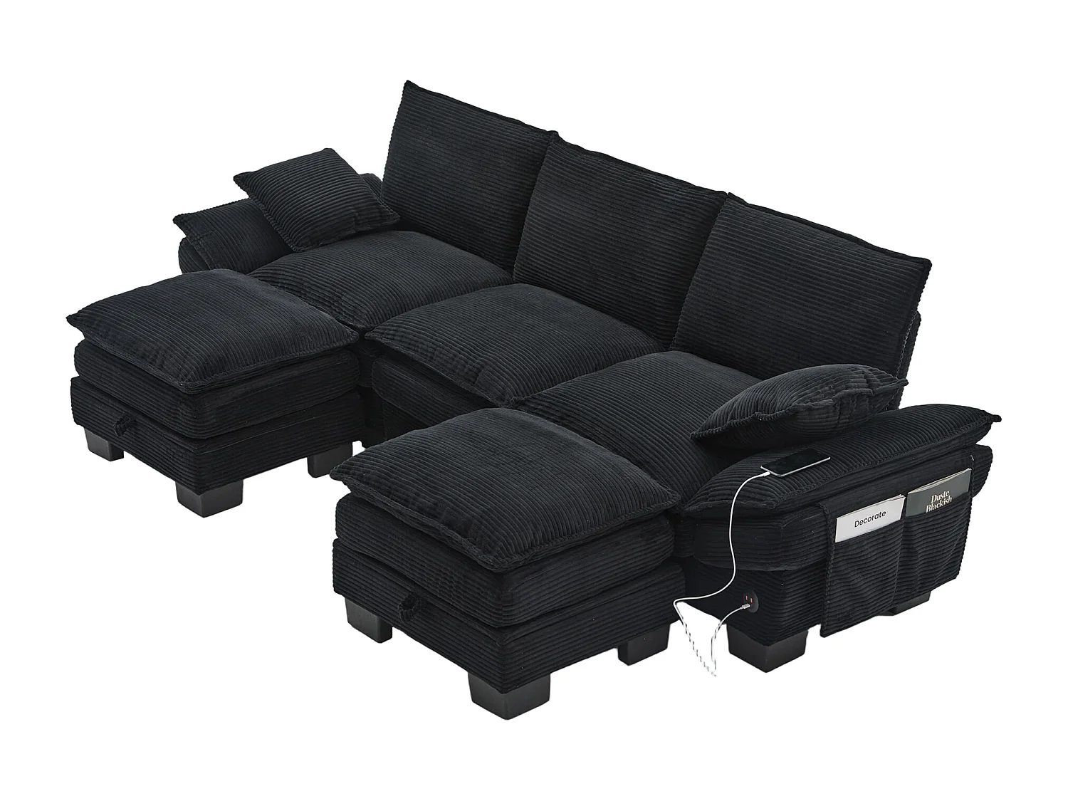 3-Sitzer-Cordsofa-Set – 260 x 132 x 84 cm – mit 2 Aufbewahrungshockern, USB-Anschluss und Taschen – schwarz