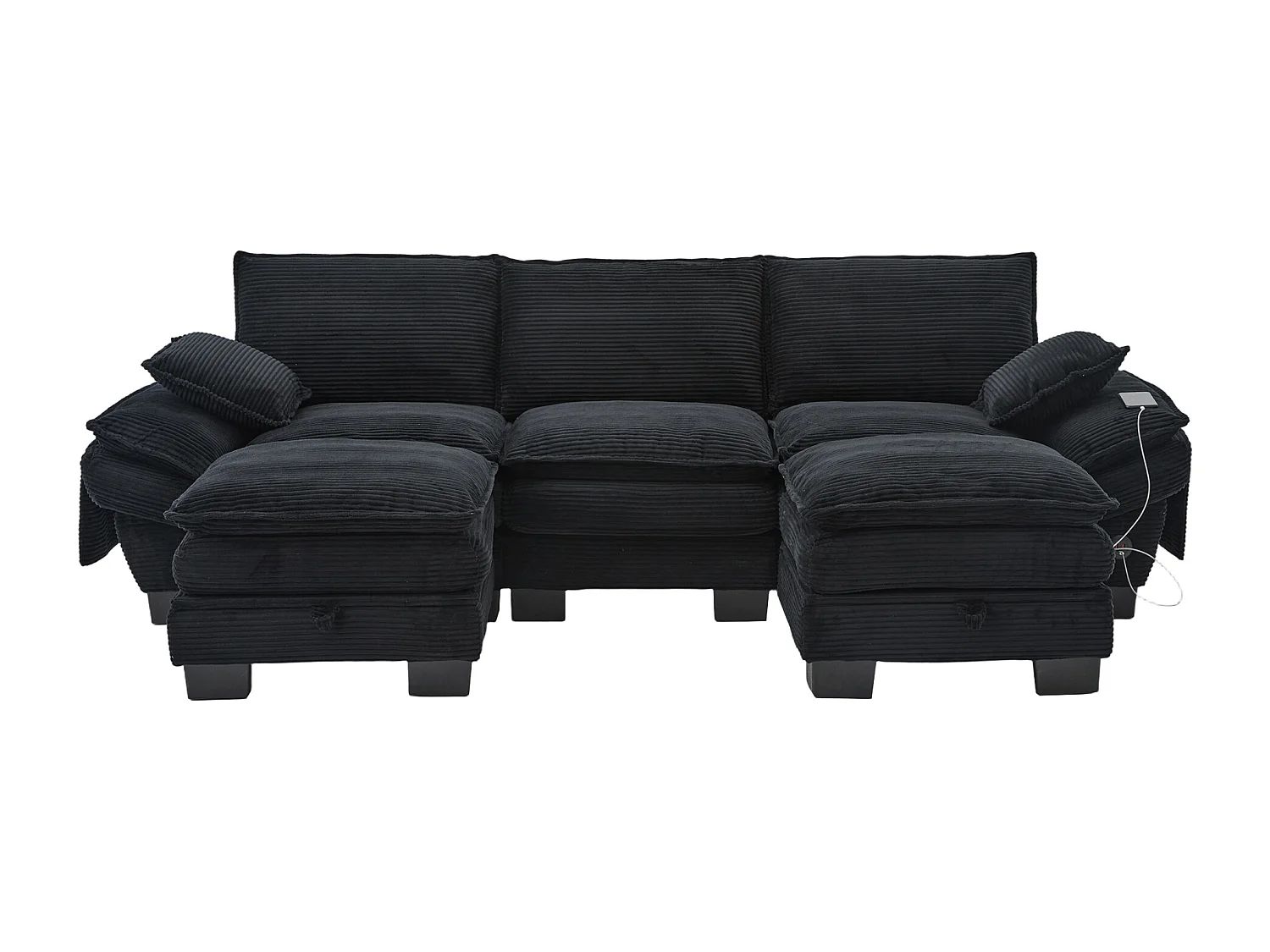 3-Sitzer-Cordsofa-Set – 260 x 132 x 84 cm – mit 2 Aufbewahrungshockern, USB-Anschluss und Taschen – schwarz
