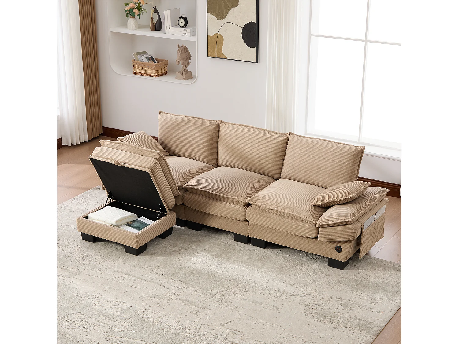 Ensemble canapé 3 places en velours côtelé - 260 x 132 x 84 cm - avec 1 pouf de rangement + USB + poches - kaki