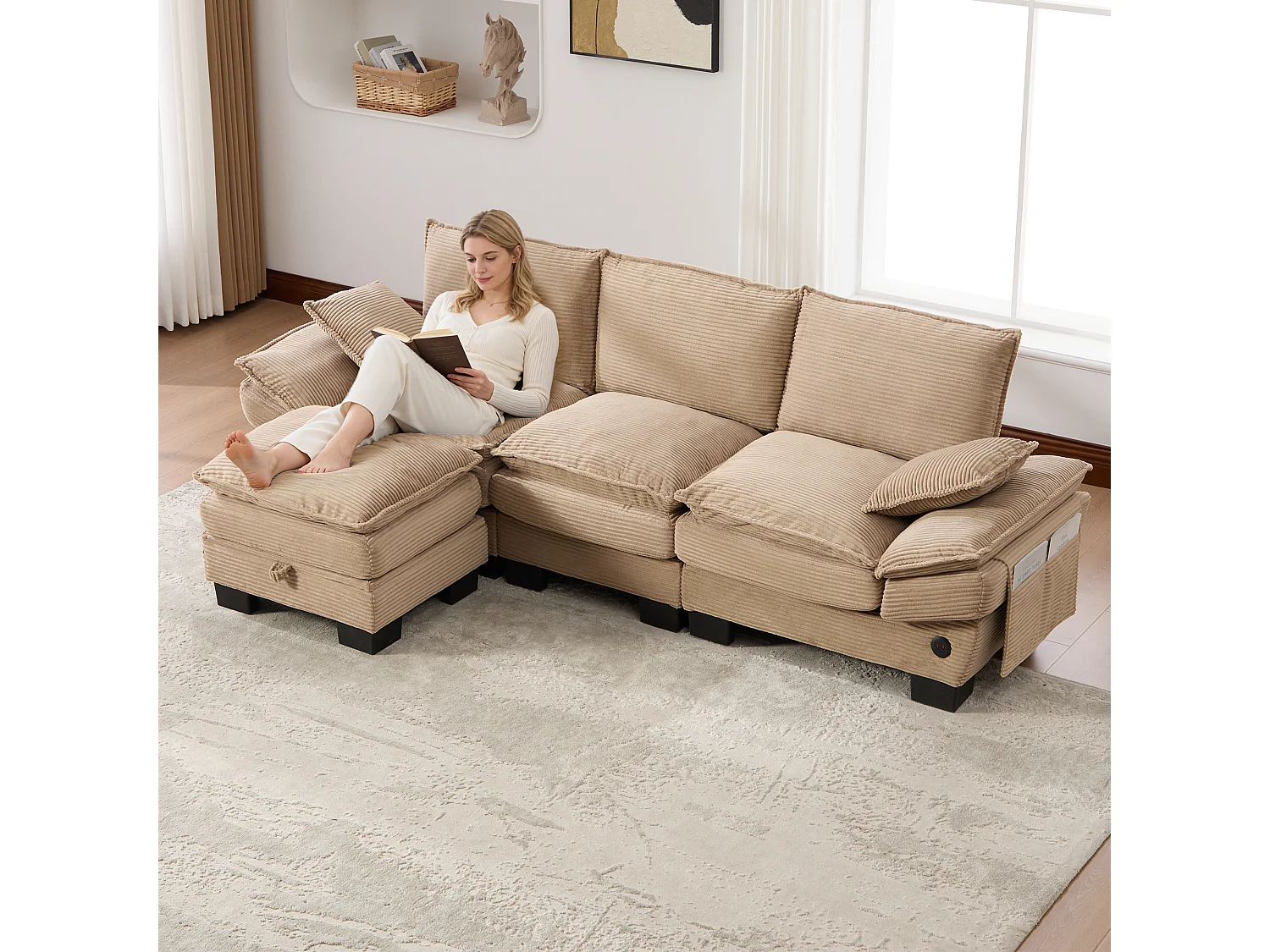 Ensemble canapé 3 places en velours côtelé - 260 x 132 x 84 cm - avec 1 pouf de rangement + USB + poches - kaki