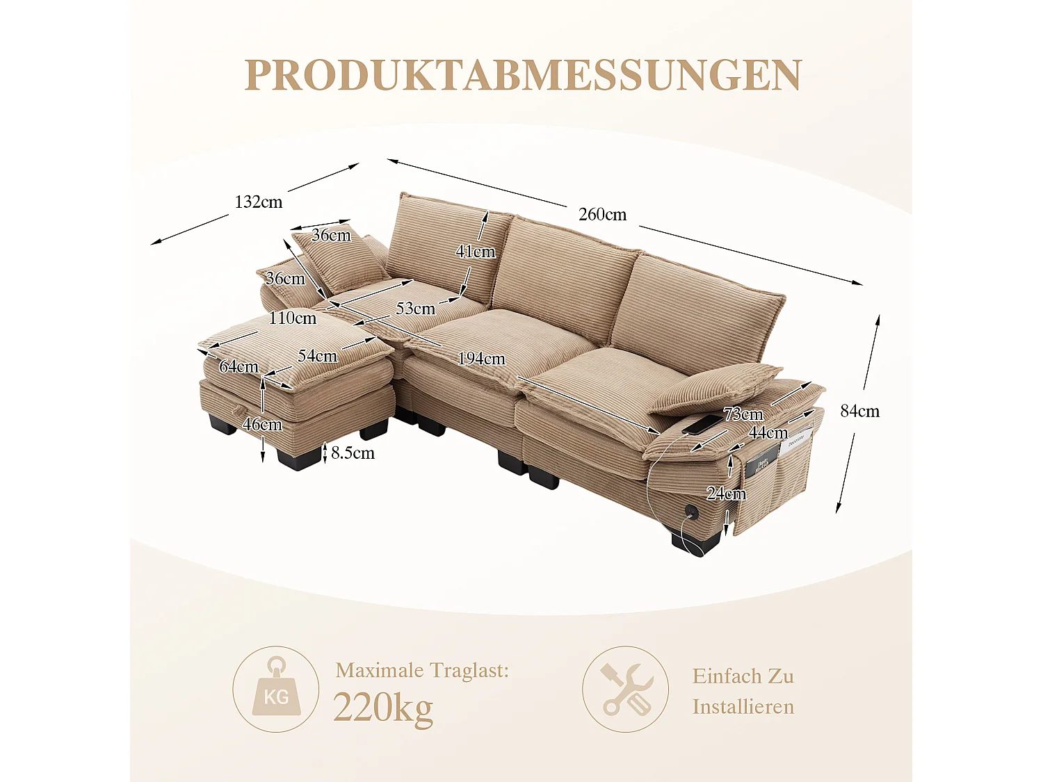 Ensemble canapé 3 places en velours côtelé - 260 x 132 x 84 cm - avec 1 pouf de rangement + USB + poches - kaki