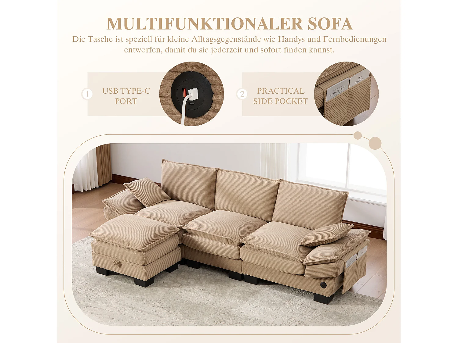 Ensemble canapé 3 places en velours côtelé - 260 x 132 x 84 cm - avec 1 pouf de rangement + USB + poches - kaki