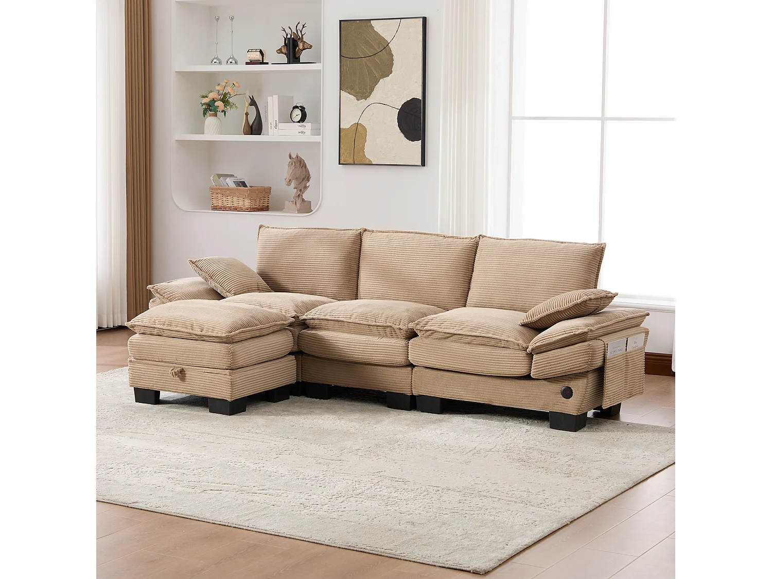 Ensemble canapé 3 places en velours côtelé - 260 x 132 x 84 cm - avec 1 pouf de rangement + USB + poches - kaki