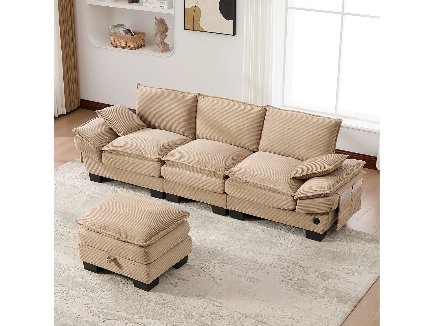 Ensemble canapé 3 places en velours côtelé - 260 x 132 x 84 cm - avec 1 pouf de rangement + USB + poches - kaki