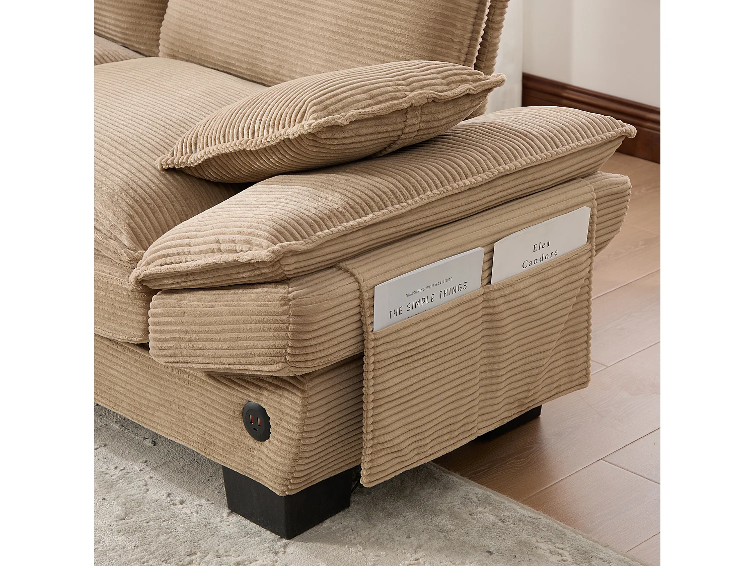 Ensemble canapé 3 places en velours côtelé - 260 x 132 x 84 cm - avec 1 pouf de rangement + USB + poches - kaki