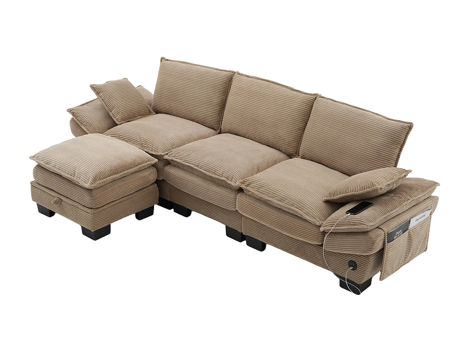 Ensemble canapé 3 places en velours côtelé - 260 x 132 x 84 cm - avec 1 pouf de rangement + USB + poches - kaki