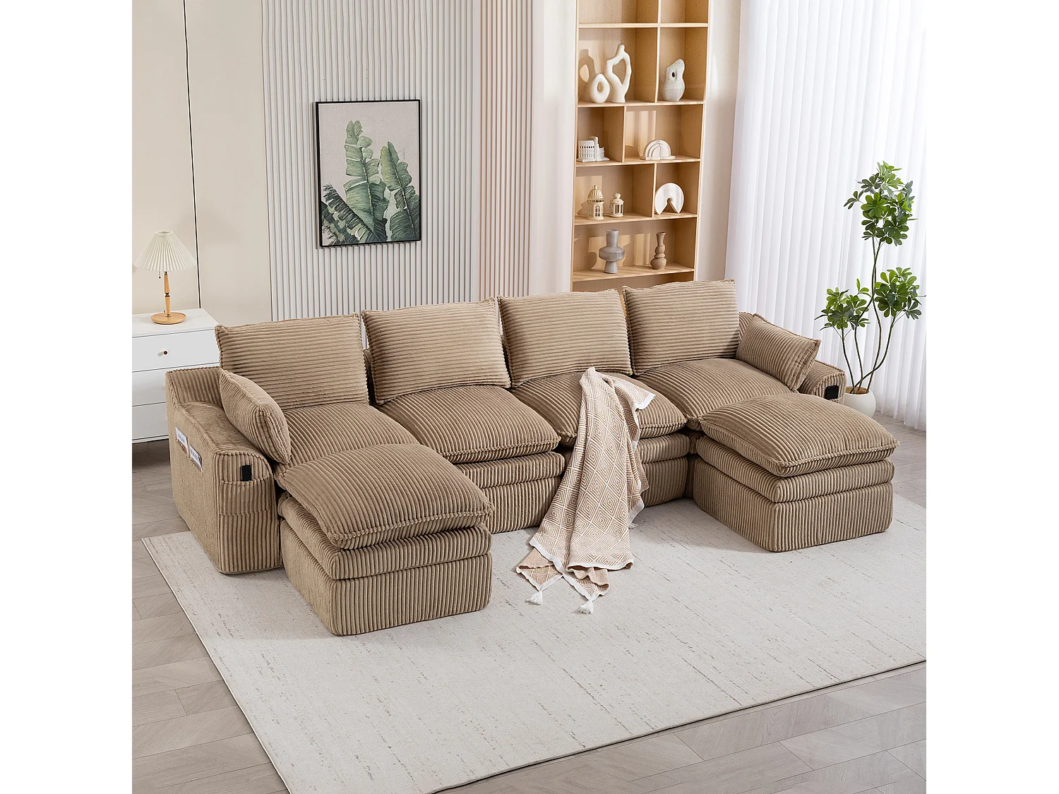 Ensemble canapé modulable 4 places en velours côtelé - 335 x 167 x 85 cm - avec 2 poufs + coussins + 2 poches - kaki
