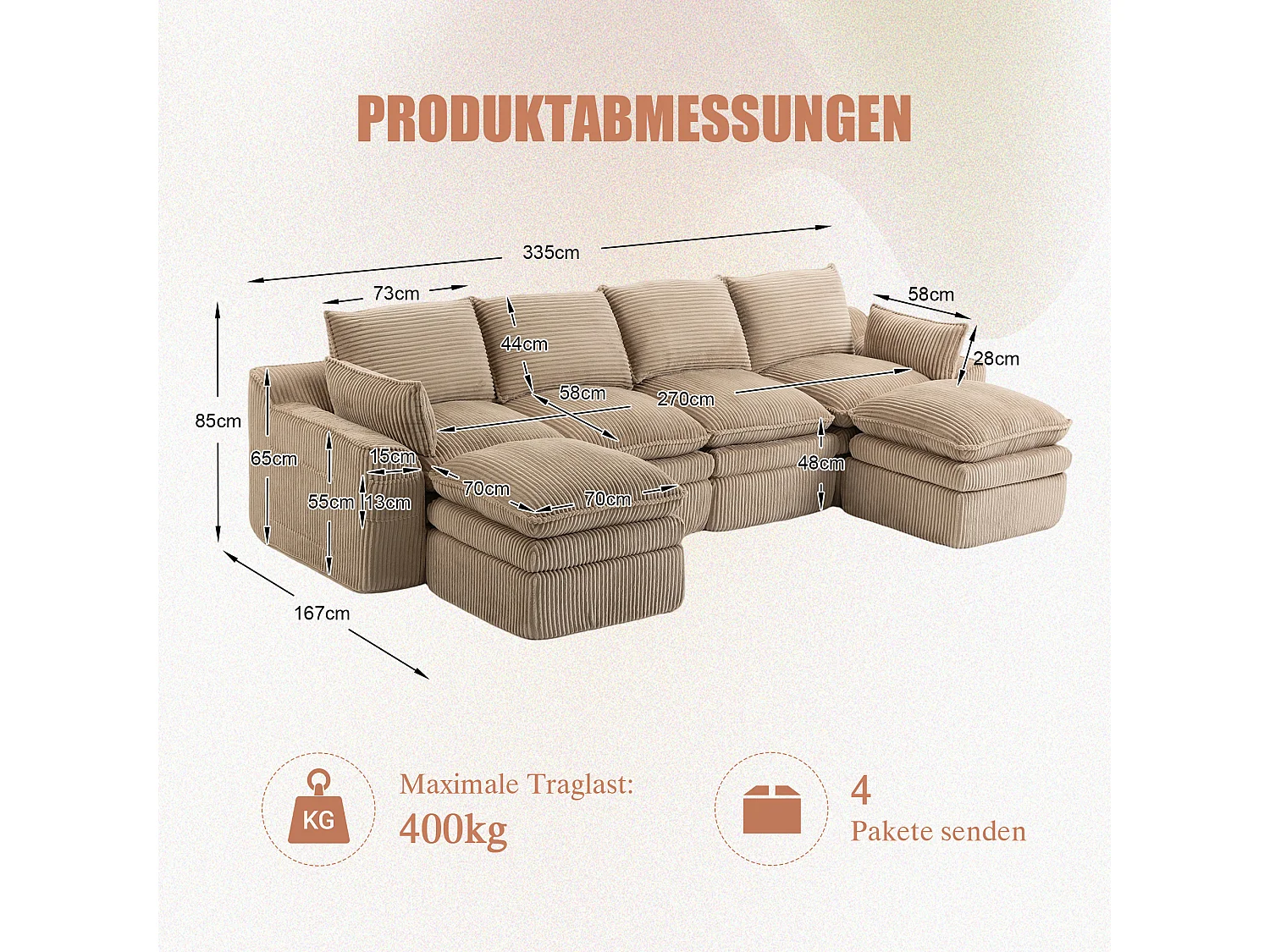 Ensemble canapé modulable 4 places en velours côtelé - 335 x 167 x 85 cm - avec 2 poufs + coussins + 2 poches - kaki