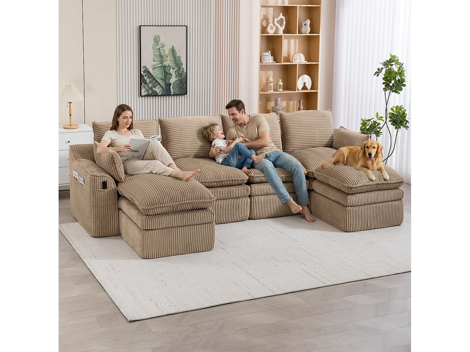 Ensemble canapé modulable 4 places en velours côtelé - 335 x 167 x 85 cm - avec 2 poufs + coussins + 2 poches - kaki