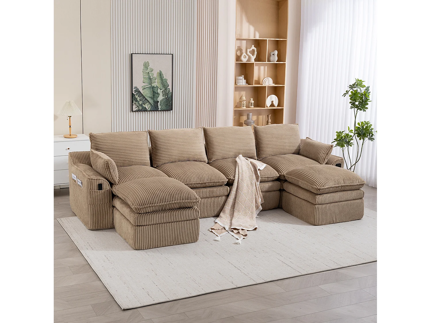 Ensemble canapé modulable 4 places en velours côtelé - 335 x 167 x 85 cm - avec 2 poufs + coussins + 2 poches - kaki