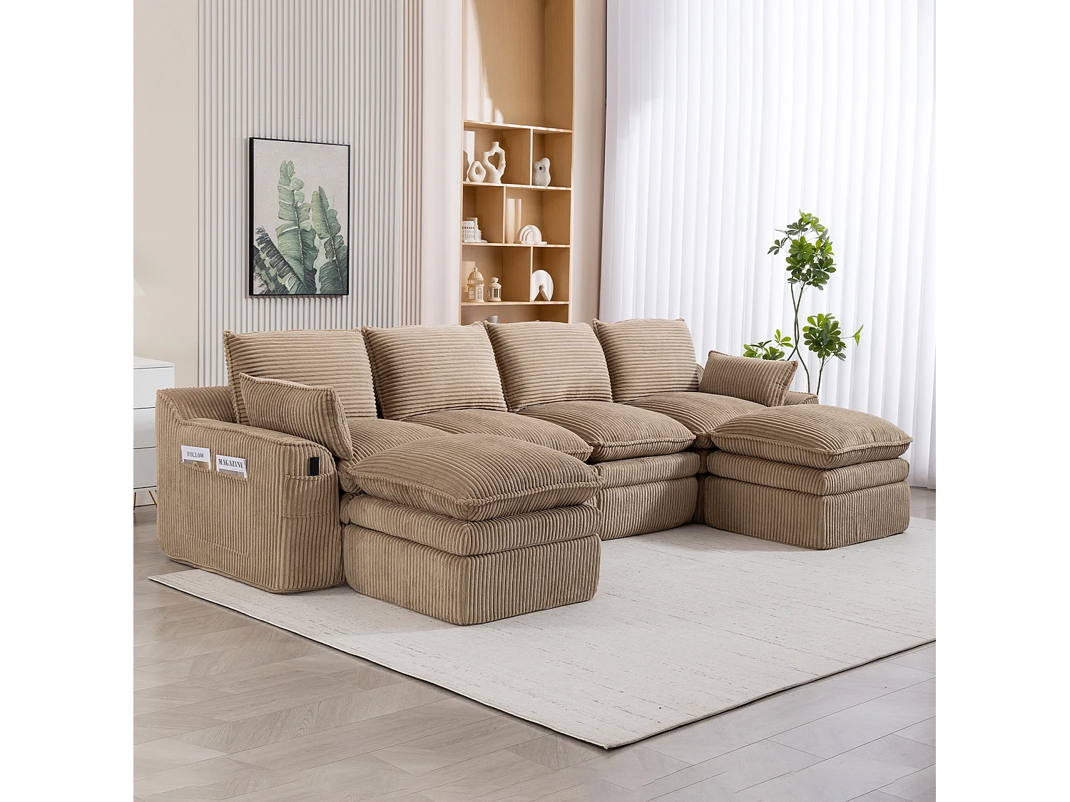 Ensemble canapé modulable 4 places en velours côtelé - 335 x 167 x 85 cm - avec 2 poufs + coussins + 2 poches - kaki