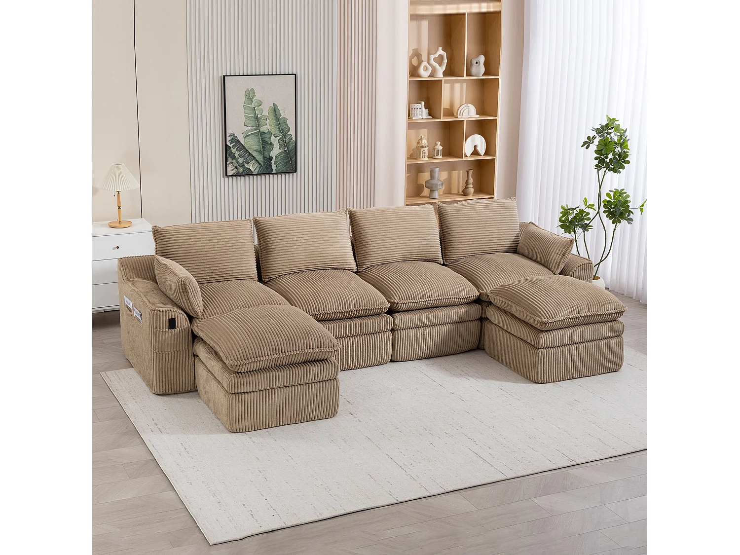 Ensemble canapé modulable 4 places en velours côtelé - 335 x 167 x 85 cm - avec 2 poufs + coussins + 2 poches - kaki