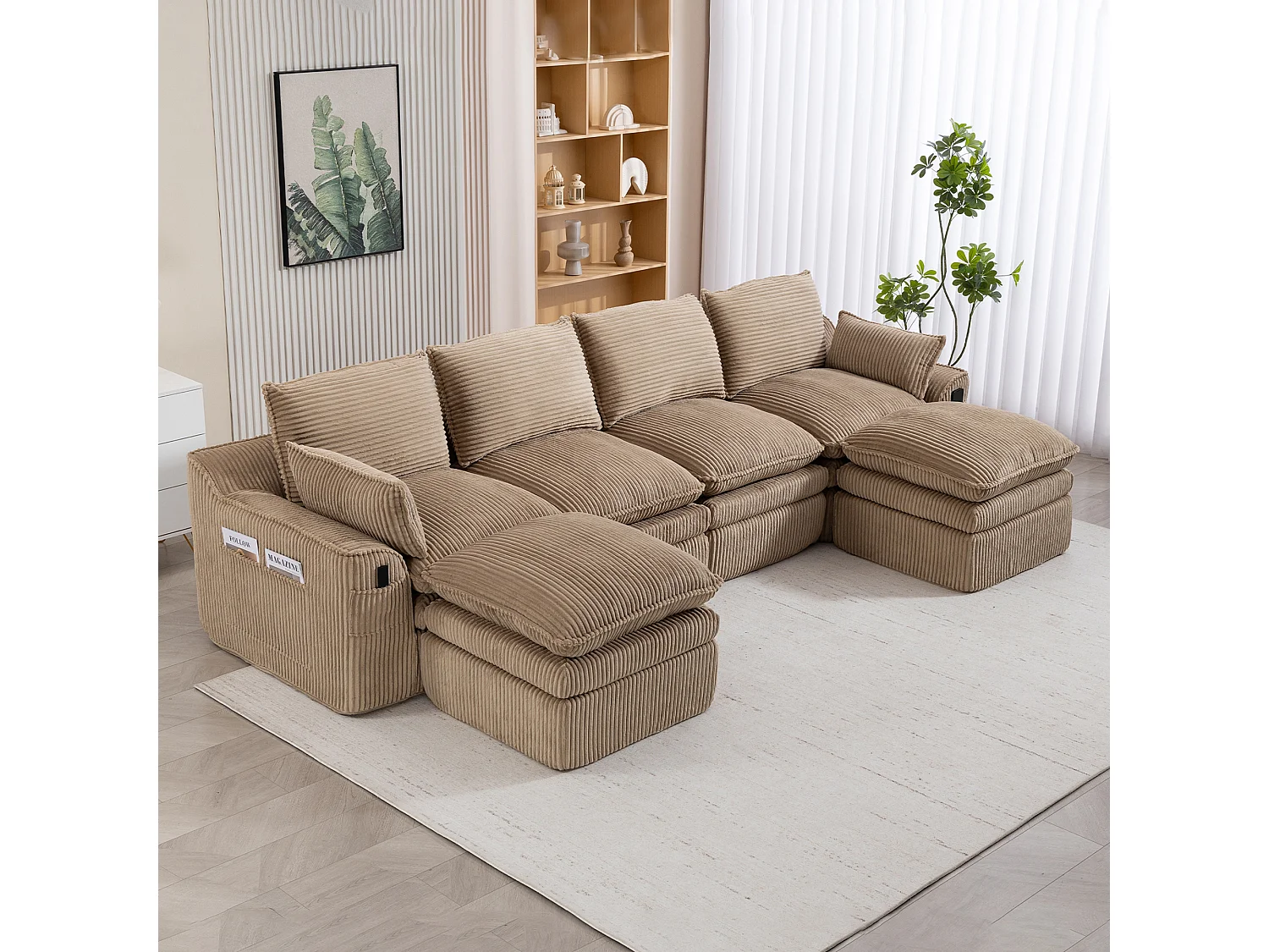 Ensemble canapé modulable 4 places en velours côtelé - 335 x 167 x 85 cm - avec 2 poufs + coussins + 2 poches - kaki