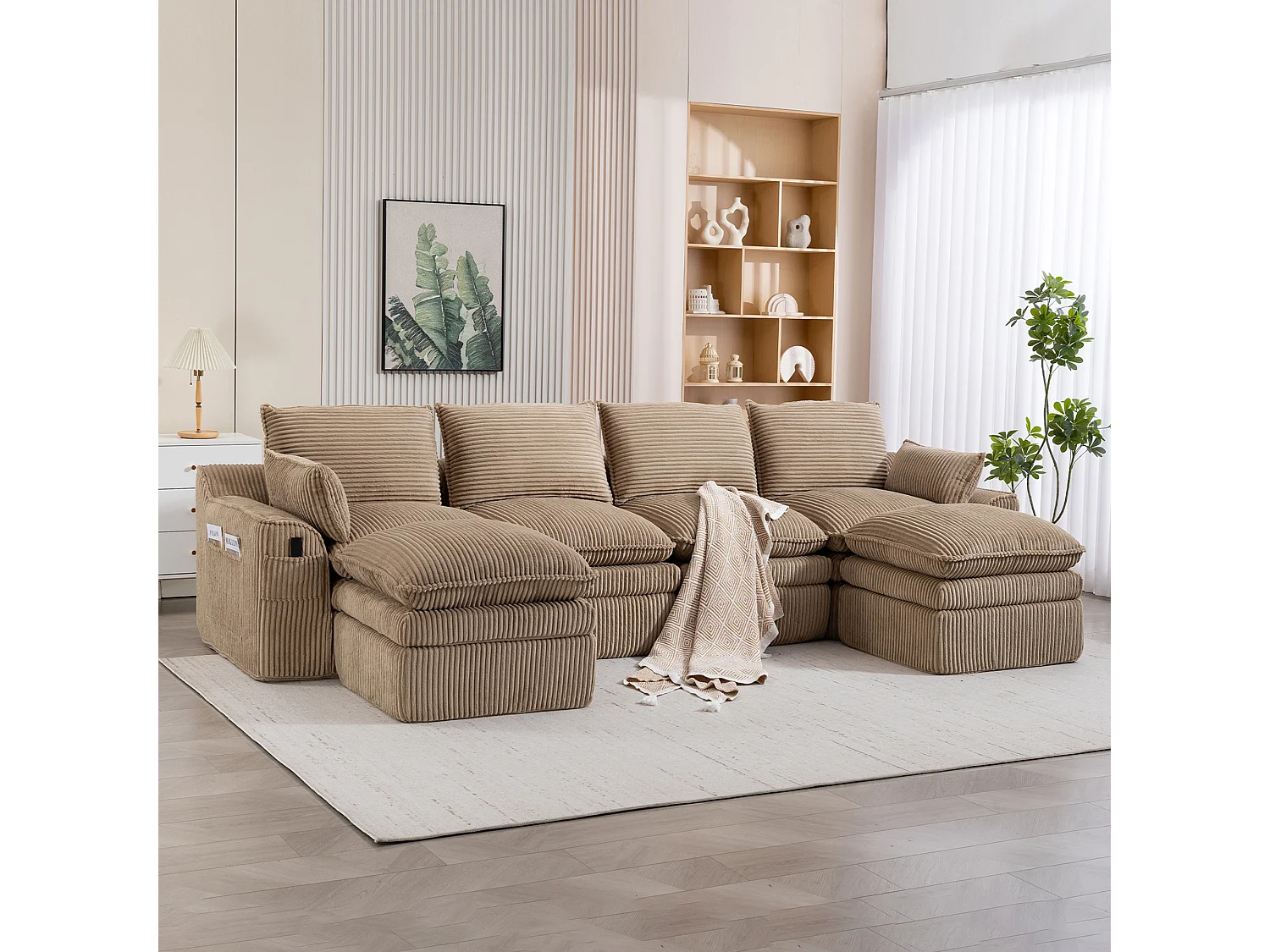 Ensemble canapé modulable 4 places en velours côtelé - 335 x 167 x 85 cm - avec 2 poufs + coussins + 2 poches - kaki