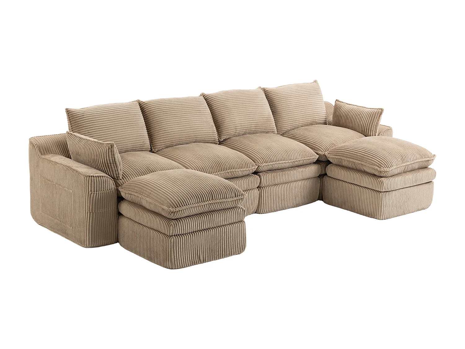 Ensemble canapé modulable 4 places en velours côtelé - 335 x 167 x 85 cm - avec 2 poufs + coussins + 2 poches - kaki