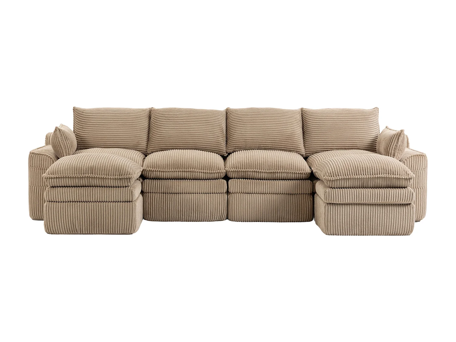 Ensemble canapé modulable 4 places en velours côtelé - 335 x 167 x 85 cm - avec 2 poufs + coussins + 2 poches - kaki