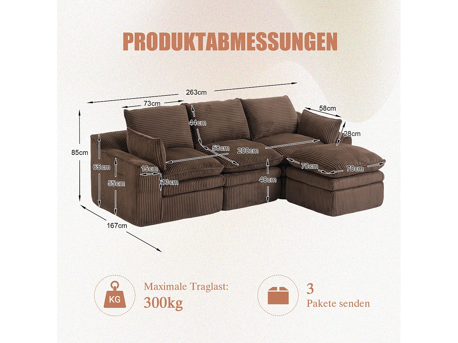 Modulares 3-Sitzer-Cordsofa-Set – 263 x 167 x 85 cm – mit 1 Hocker + Kissen + 2 Taschen – braun