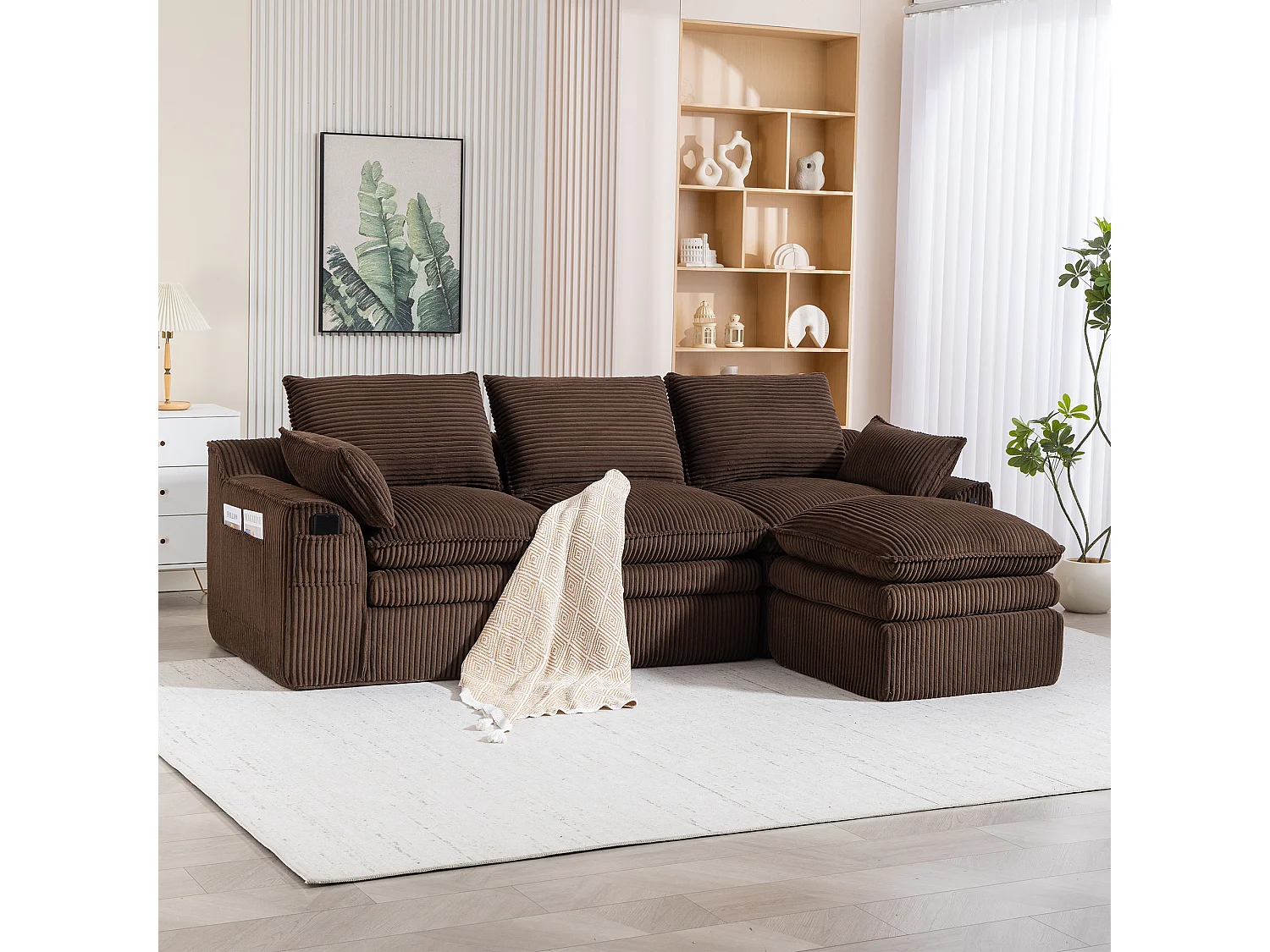 Modulares 3-Sitzer-Cordsofa-Set – 263 x 167 x 85 cm – mit 1 Hocker + Kissen + 2 Taschen – braun