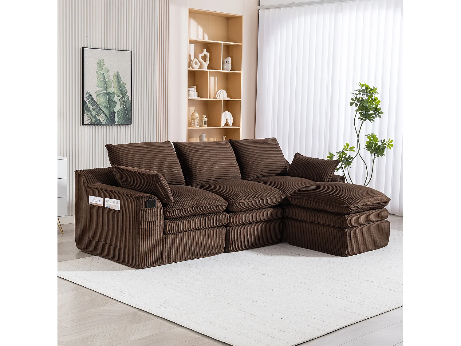 Modulares 3-Sitzer-Cordsofa-Set – 263 x 167 x 85 cm – mit 1 Hocker + Kissen + 2 Taschen – braun