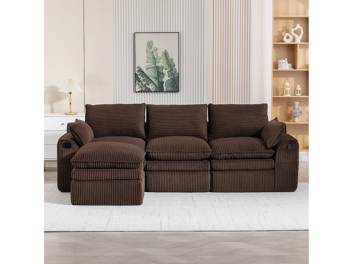 Modulares 3-Sitzer-Cordsofa-Set – 263 x 167 x 85 cm – mit 1 Hocker + Kissen + 2 Taschen – braun