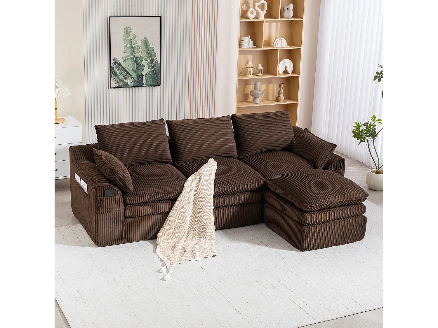 Modulares 3-Sitzer-Cordsofa-Set – 263 x 167 x 85 cm – mit 1 Hocker + Kissen + 2 Taschen – braun