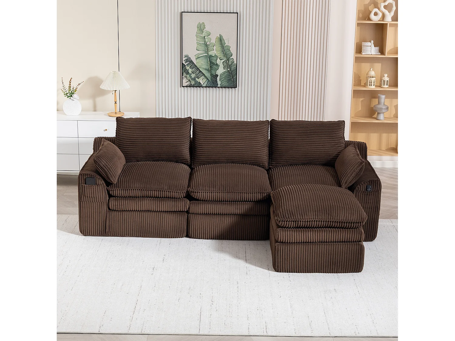Modulares 3-Sitzer-Cordsofa-Set – 263 x 167 x 85 cm – mit 1 Hocker + Kissen + 2 Taschen – braun