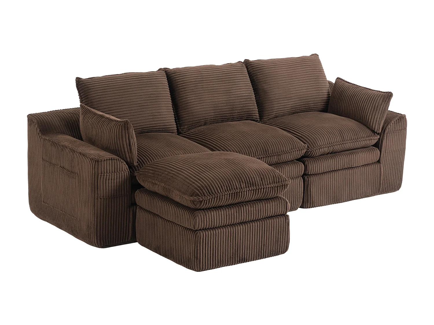 Modulares 3-Sitzer-Cordsofa-Set – 263 x 167 x 85 cm – mit 1 Hocker + Kissen + 2 Taschen – braun