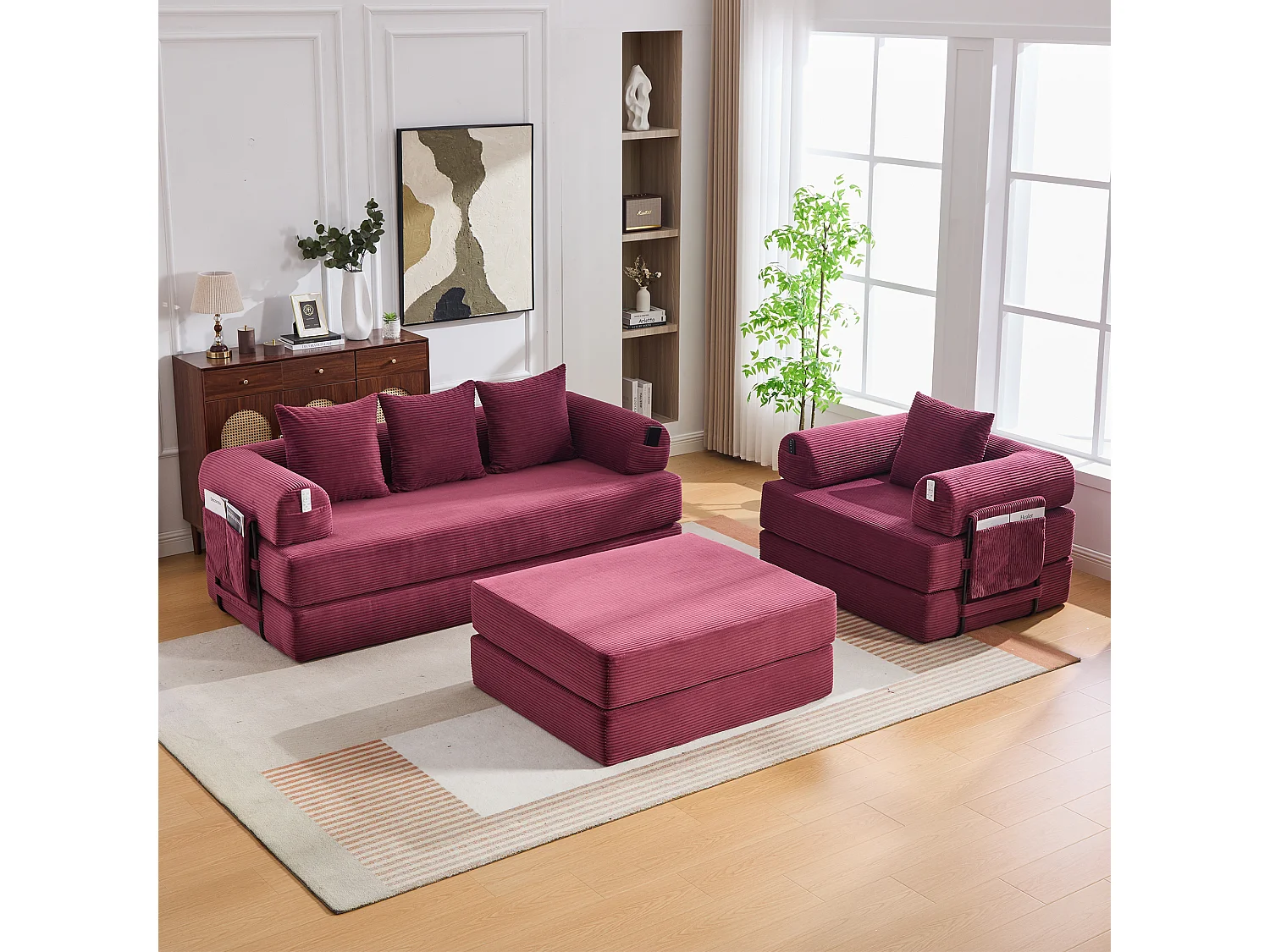 Modulaire 4-zitsbankset - 200 x 190 x 67 cm - met 4 kussens + 1 fauteuil - corduroy - rood