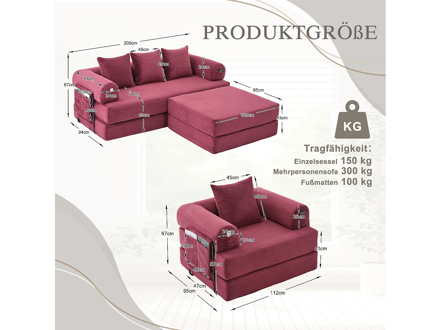 Modulaire 4-zitsbankset - 200 x 190 x 67 cm - met 4 kussens + 1 fauteuil - corduroy - rood