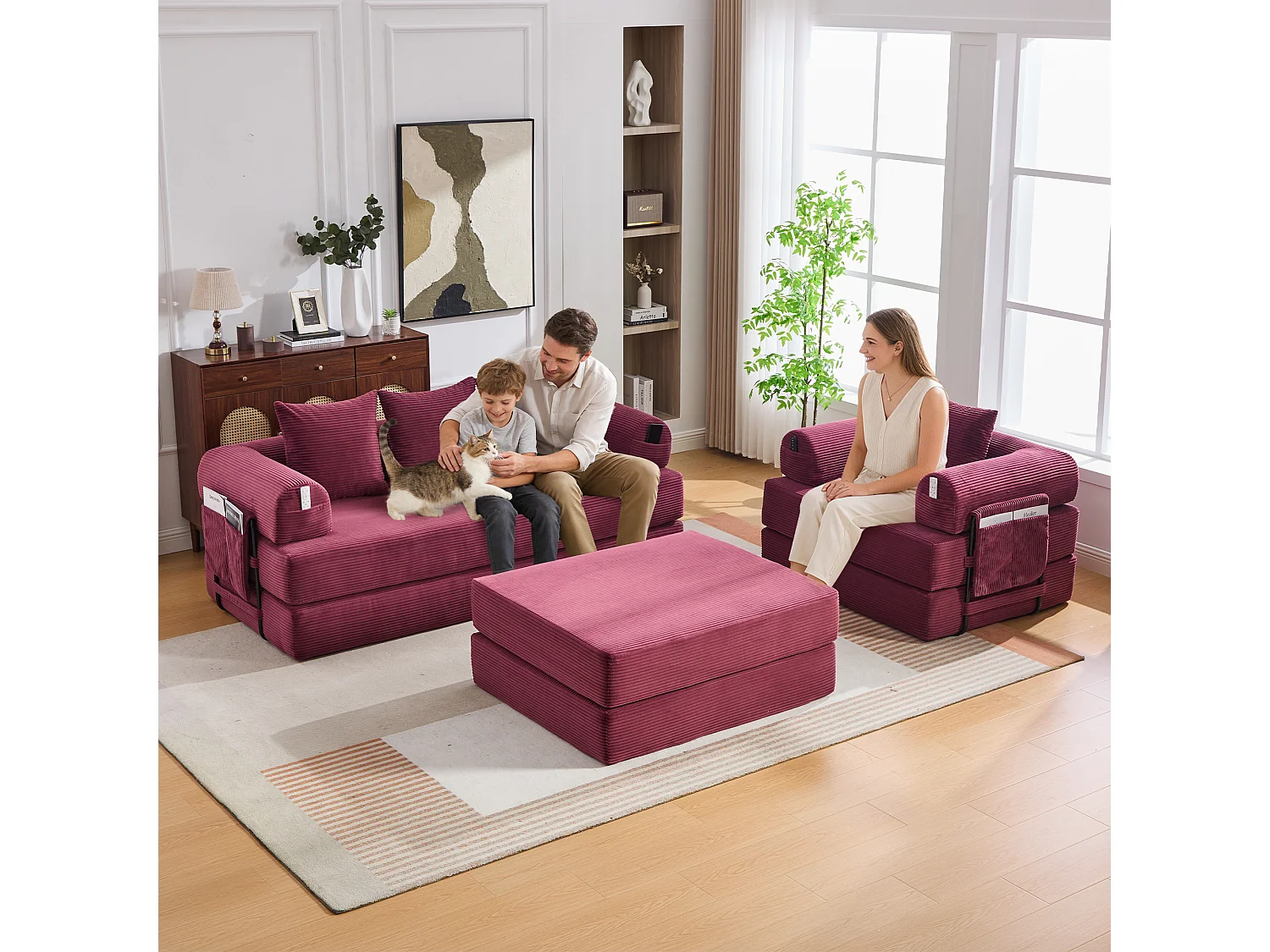 Modulaire 4-zitsbankset - 200 x 190 x 67 cm - met 4 kussens + 1 fauteuil - corduroy - rood