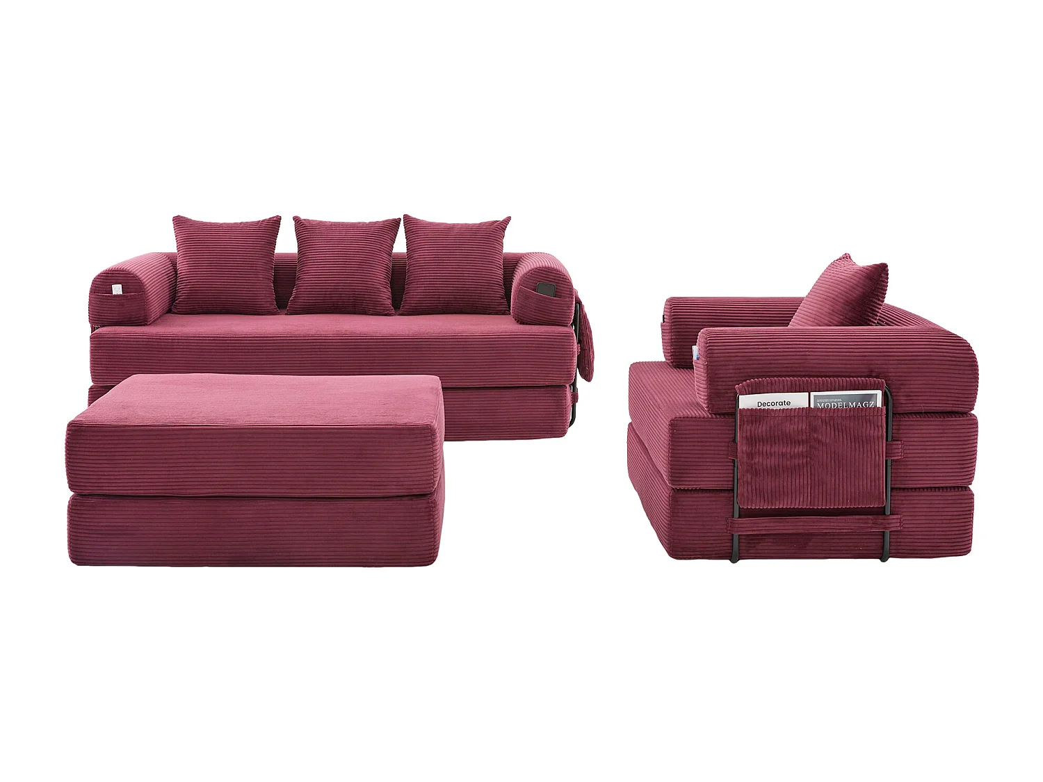 Modulaire 4-zitsbankset - 200 x 190 x 67 cm - met 4 kussens + 1 fauteuil - corduroy - rood