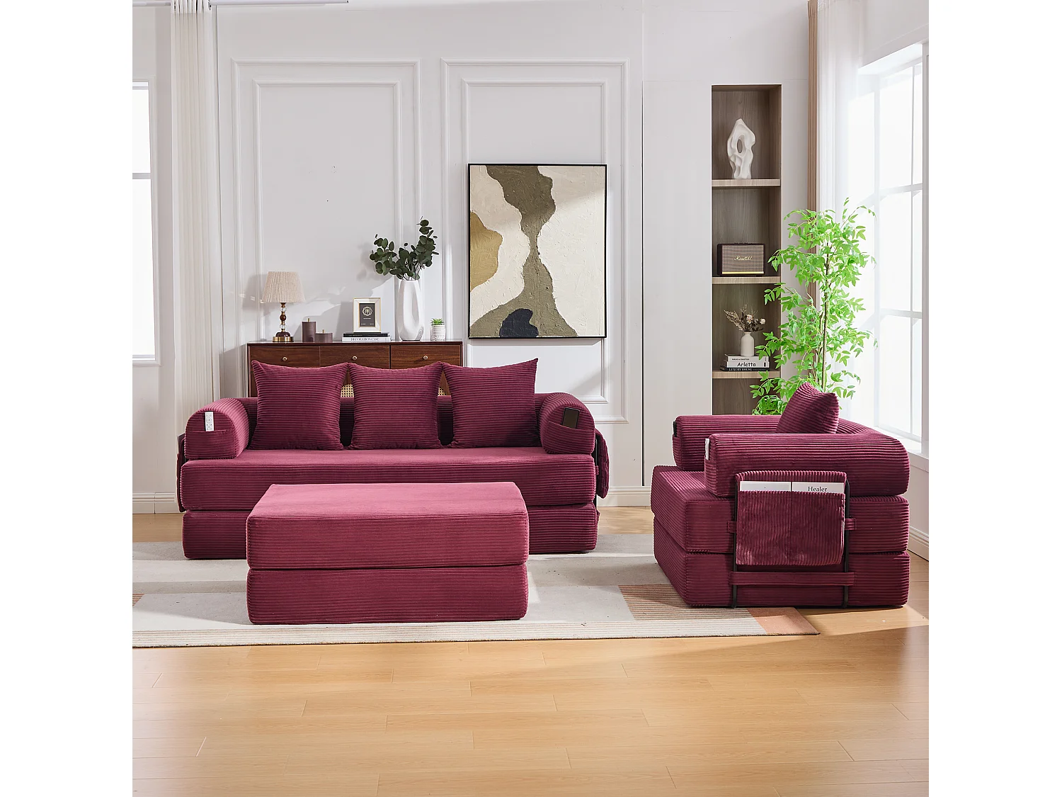 Modulaire 4-zitsbankset - 200 x 190 x 67 cm - met 4 kussens + 1 fauteuil - corduroy - rood