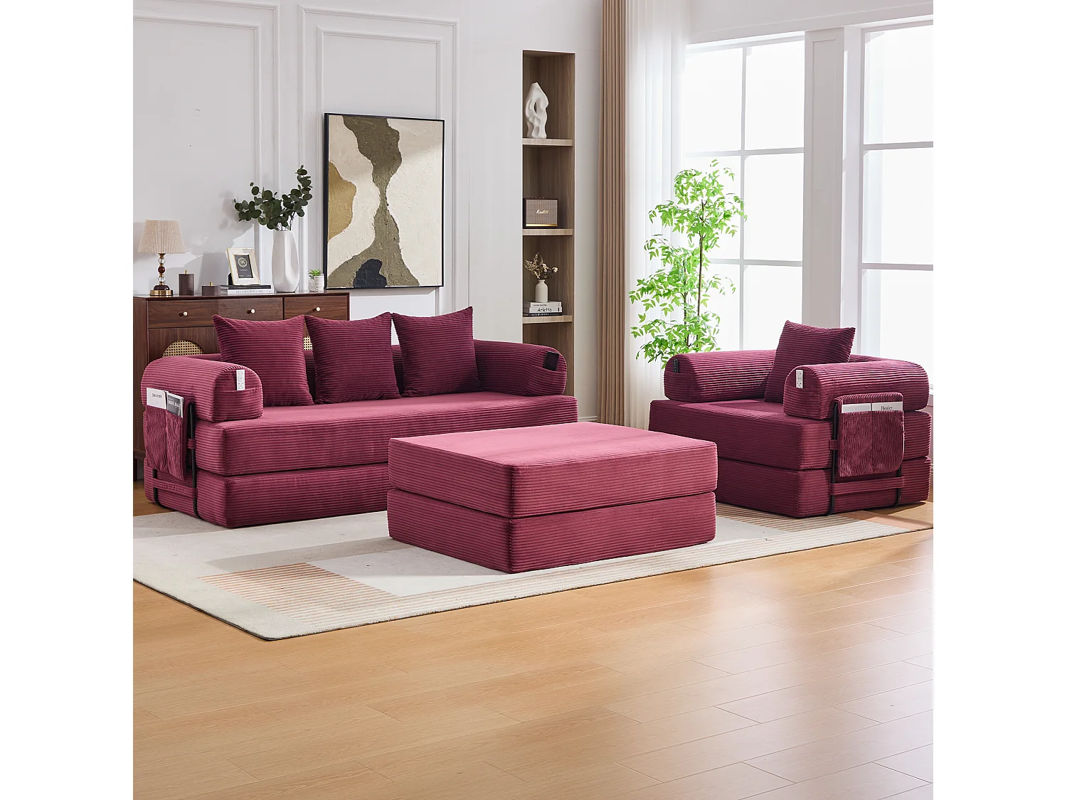 Modulaire 4-zitsbankset - 200 x 190 x 67 cm - met 4 kussens + 1 fauteuil - corduroy - rood