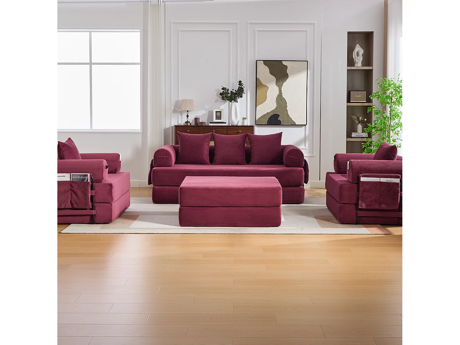 Modulaire 4-zitsbankset - 200 x 190 x 67 cm - met 4 kussens + 1 fauteuil - corduroy - rood