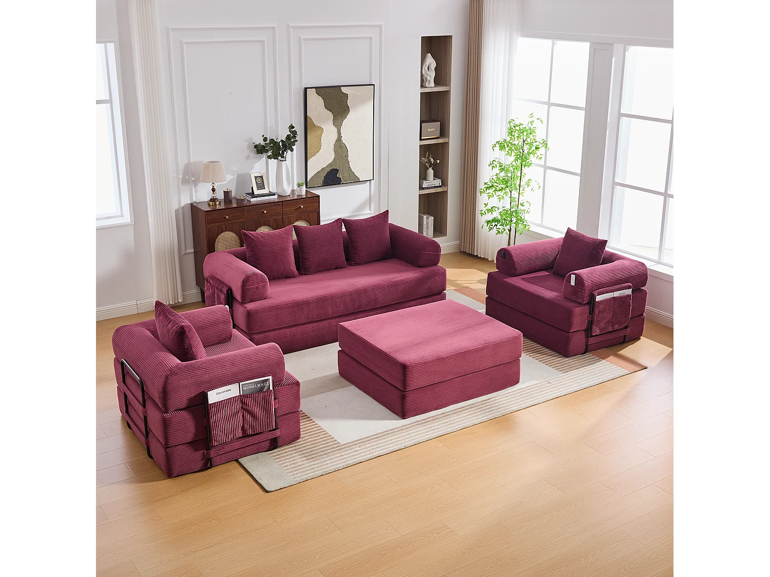 Modulaire 4-zitsbankset - 200 x 190 x 67 cm - met 4 kussens + 1 fauteuil - corduroy - rood