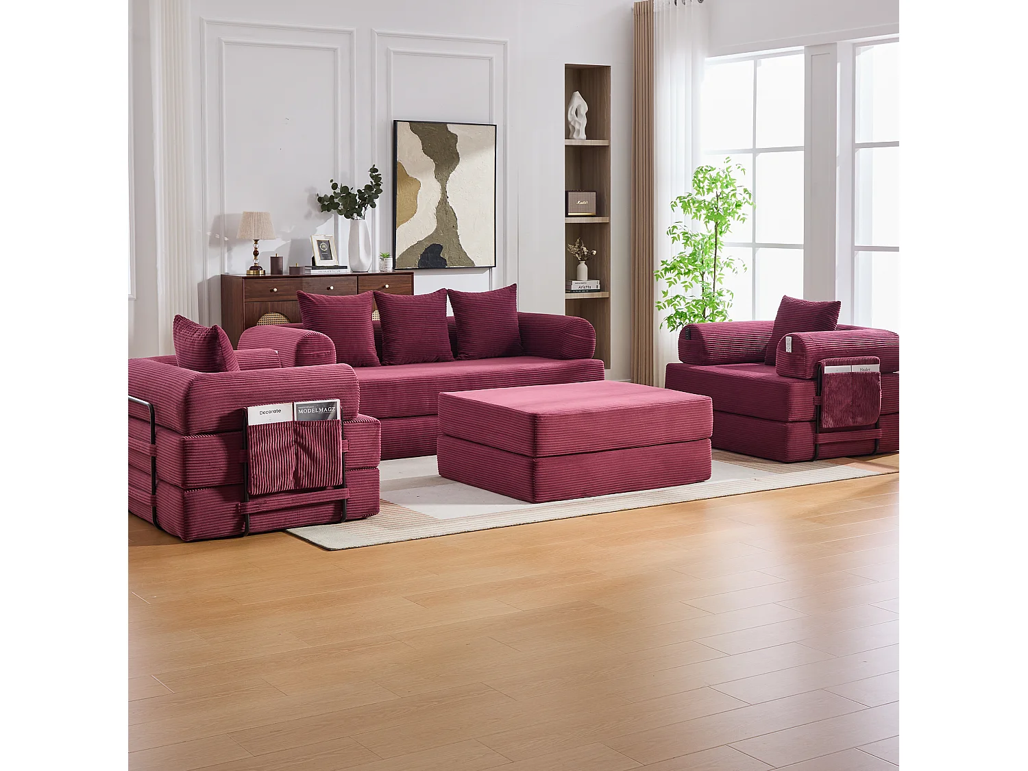 Modulaire 4-zitsbankset - 200 x 190 x 67 cm - met 4 kussens + 1 fauteuil - corduroy - rood