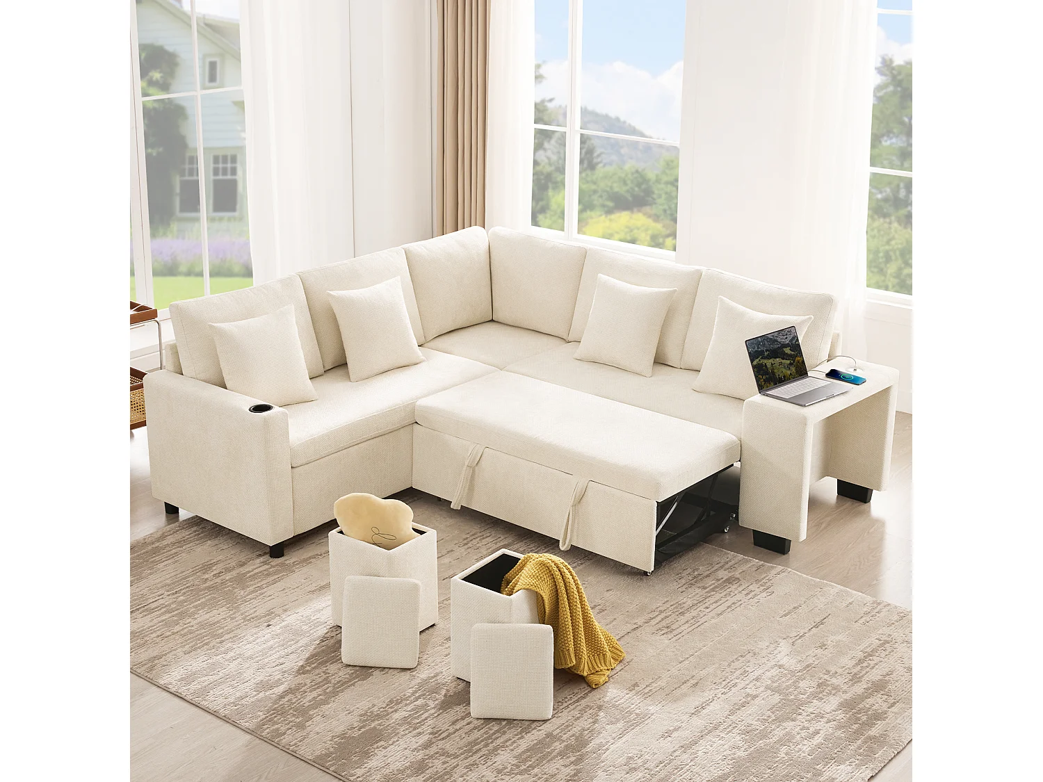 L-vormige hoekbank met slaapfunctie - 220 x 205 x 86,5 cm - met opbergruimte + USB-poort + kussens + 2 opbergkrukjes - fluweel - beige