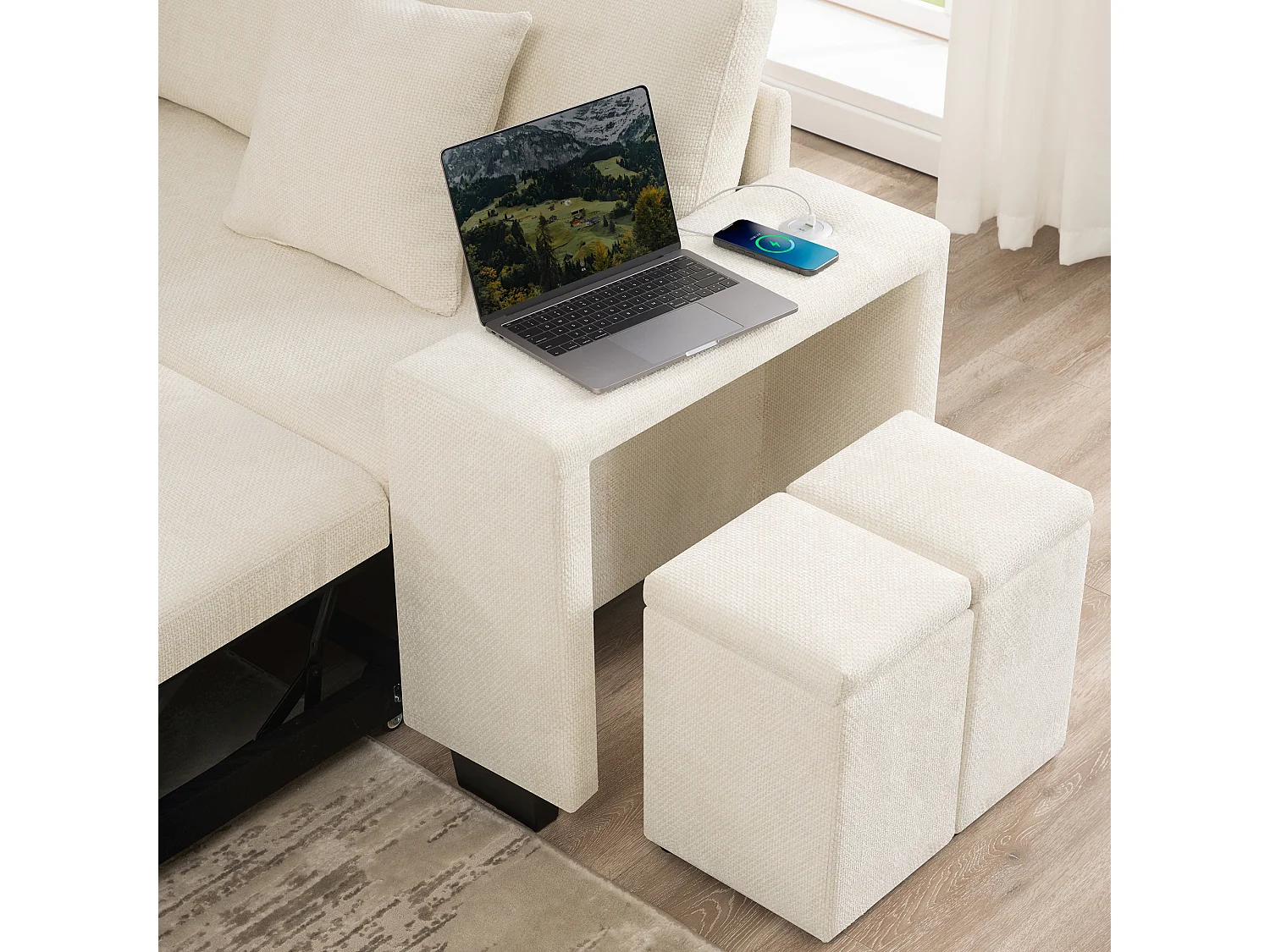 L-vormige hoekbank met slaapfunctie - 220 x 205 x 86,5 cm - met opbergruimte + USB-poort + kussens + 2 opbergkrukjes - fluweel - beige