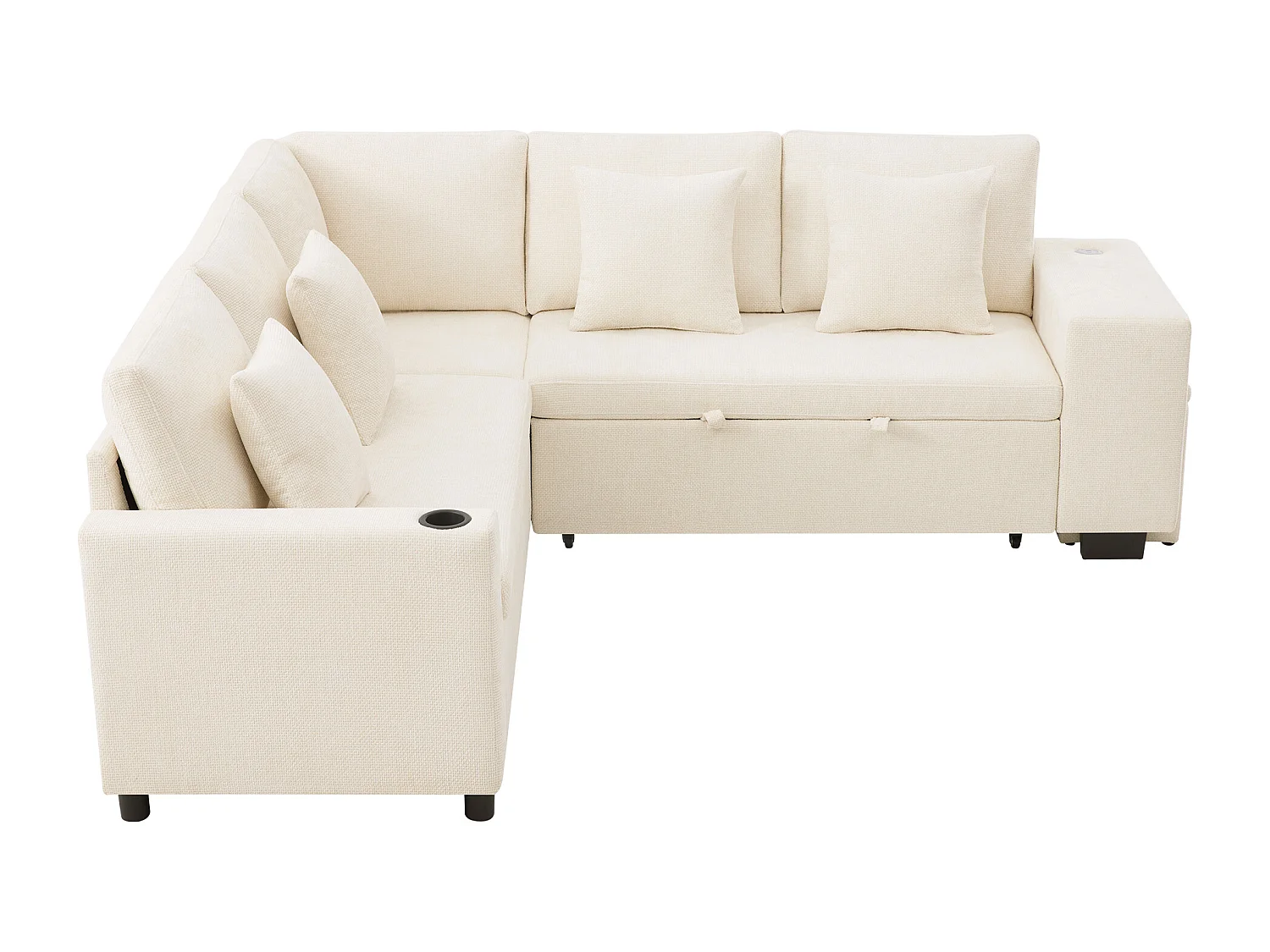 L-vormige hoekbank met slaapfunctie - 220 x 205 x 86,5 cm - met opbergruimte + USB-poort + kussens + 2 opbergkrukjes - fluweel - beige