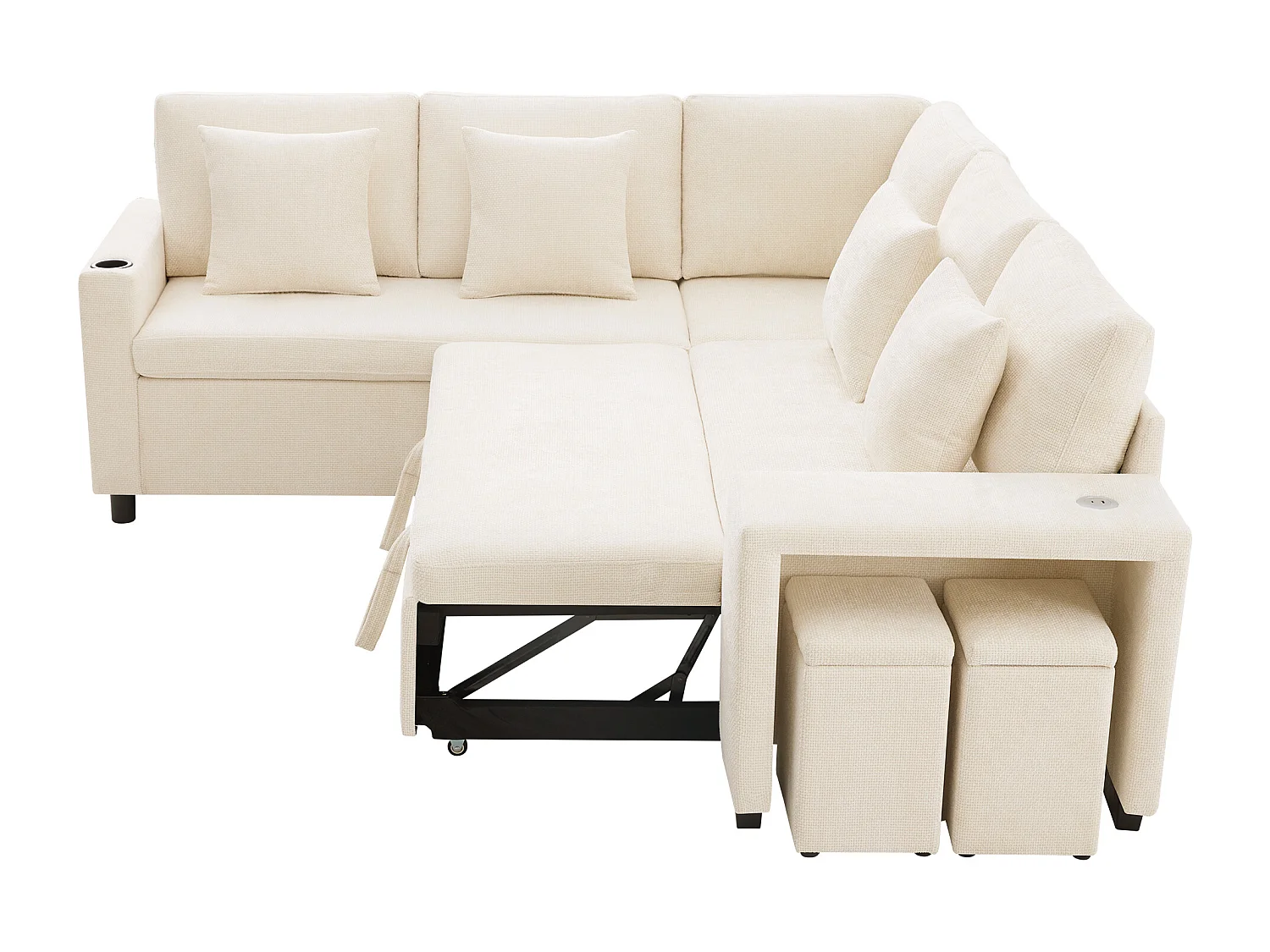 L-vormige hoekbank met slaapfunctie - 220 x 205 x 86,5 cm - met opbergruimte + USB-poort + kussens + 2 opbergkrukjes - fluweel - beige