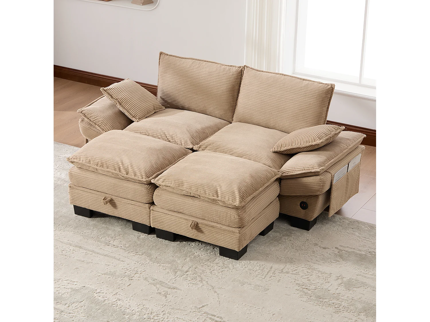 Ensemble canapé 2 places en velours côtelé - 190 x 132 x 84 cm - avec 2 poufs de rangement + USB + poches - kaki