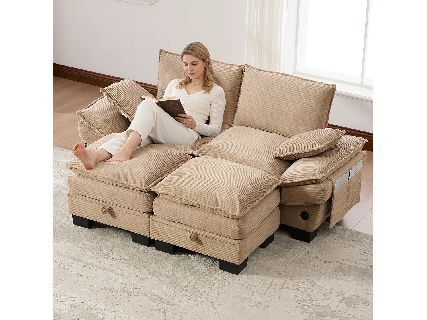 Ensemble canapé 2 places en velours côtelé - 190 x 132 x 84 cm - avec 2 poufs de rangement + USB + poches - kaki