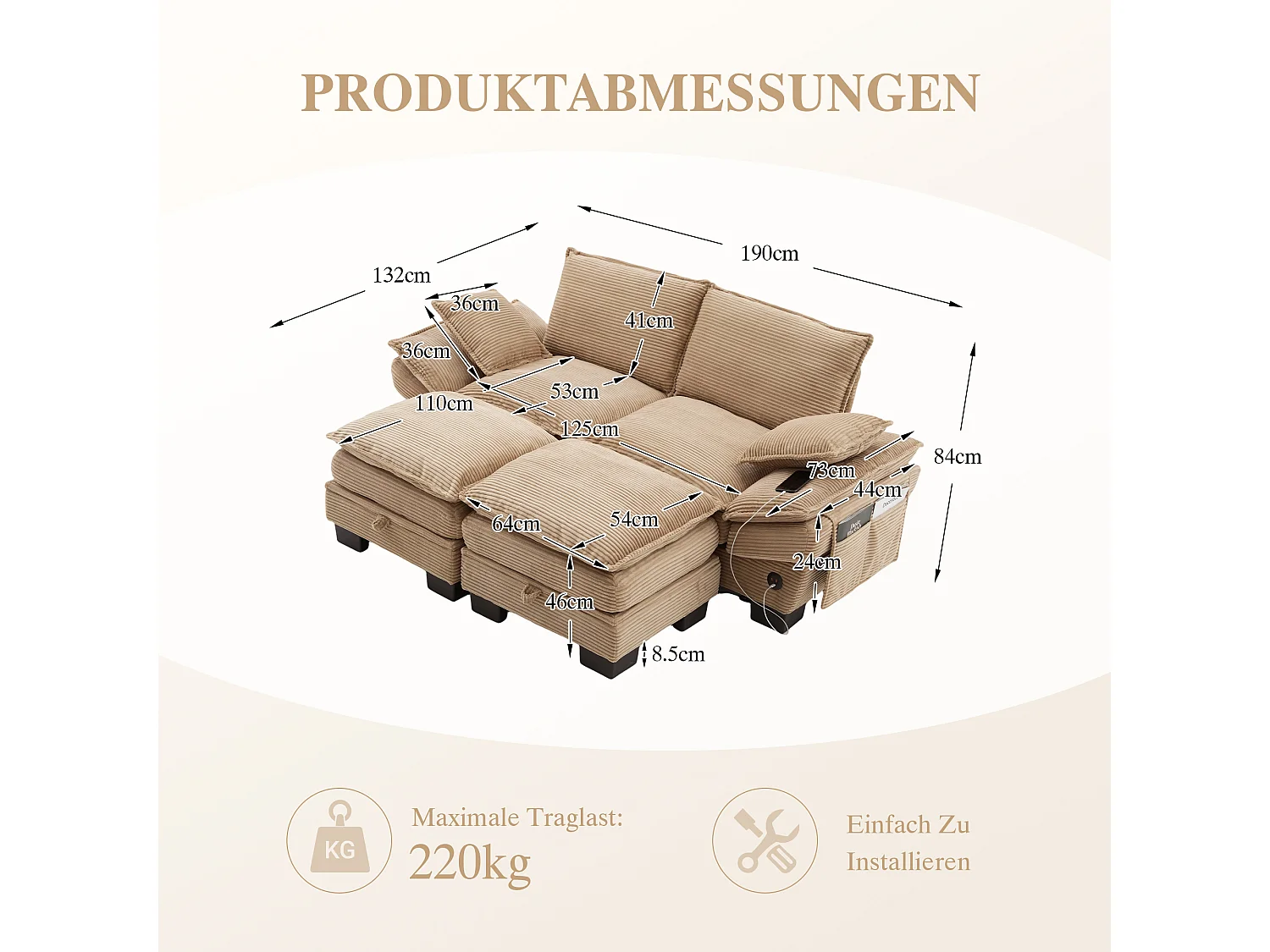 Ensemble canapé 2 places en velours côtelé - 190 x 132 x 84 cm - avec 2 poufs de rangement + USB + poches - kaki