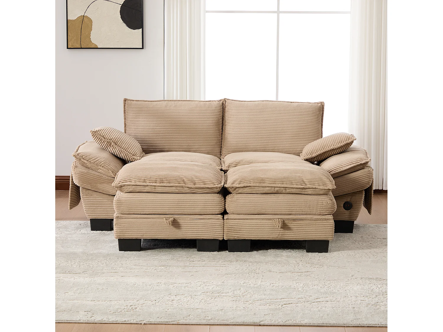 Ensemble canapé 2 places en velours côtelé - 190 x 132 x 84 cm - avec 2 poufs de rangement + USB + poches - kaki