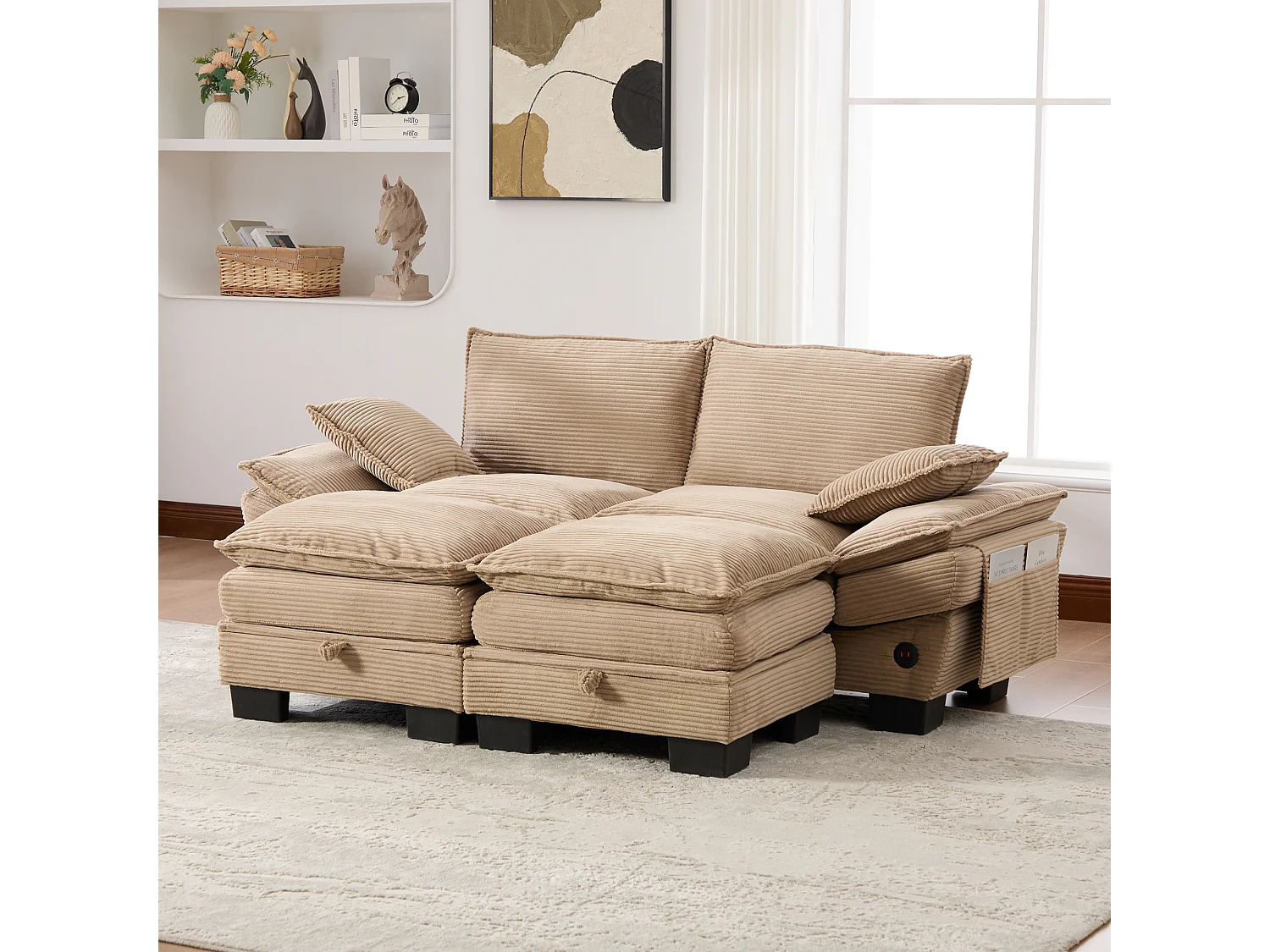 Ensemble canapé 2 places en velours côtelé - 190 x 132 x 84 cm - avec 2 poufs de rangement + USB + poches - kaki