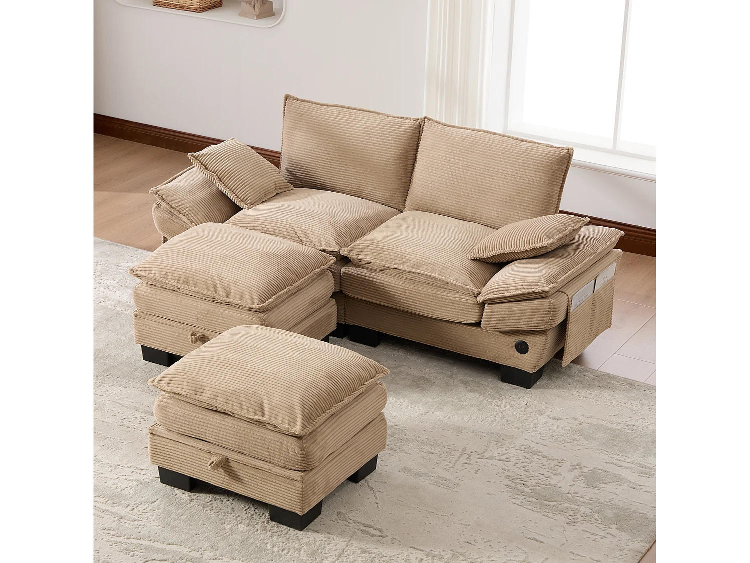 Ensemble canapé 2 places en velours côtelé - 190 x 132 x 84 cm - avec 2 poufs de rangement + USB + poches - kaki