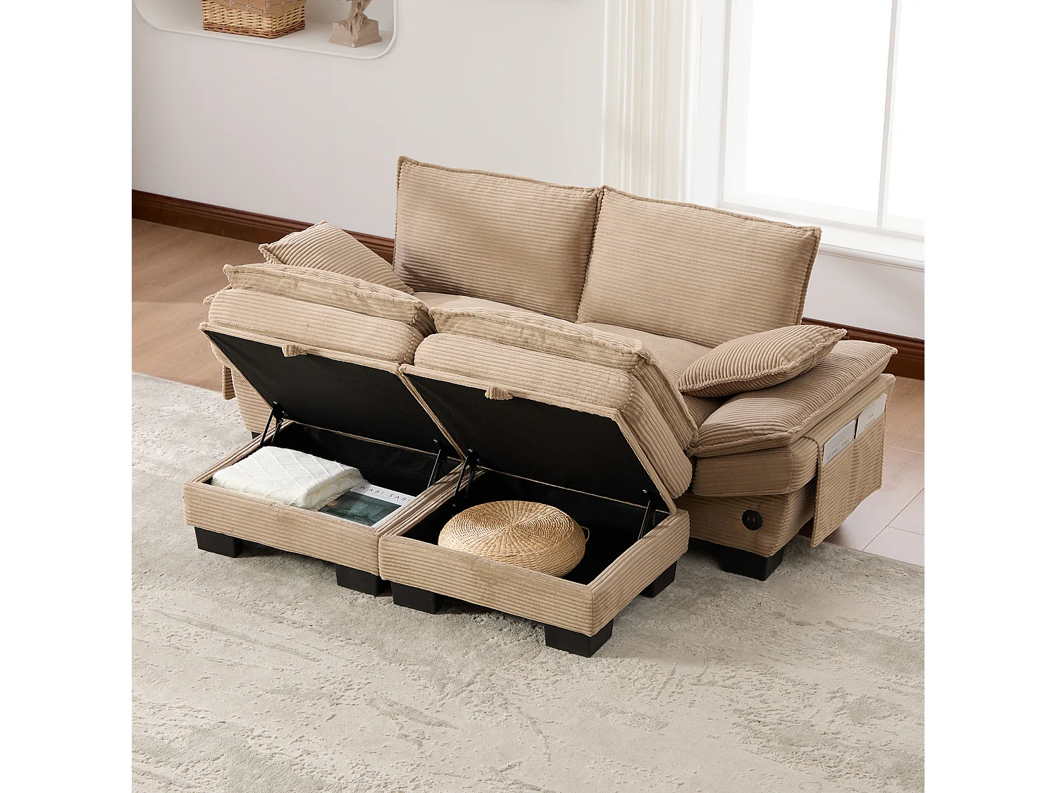 Ensemble canapé 2 places en velours côtelé - 190 x 132 x 84 cm - avec 2 poufs de rangement + USB + poches - kaki