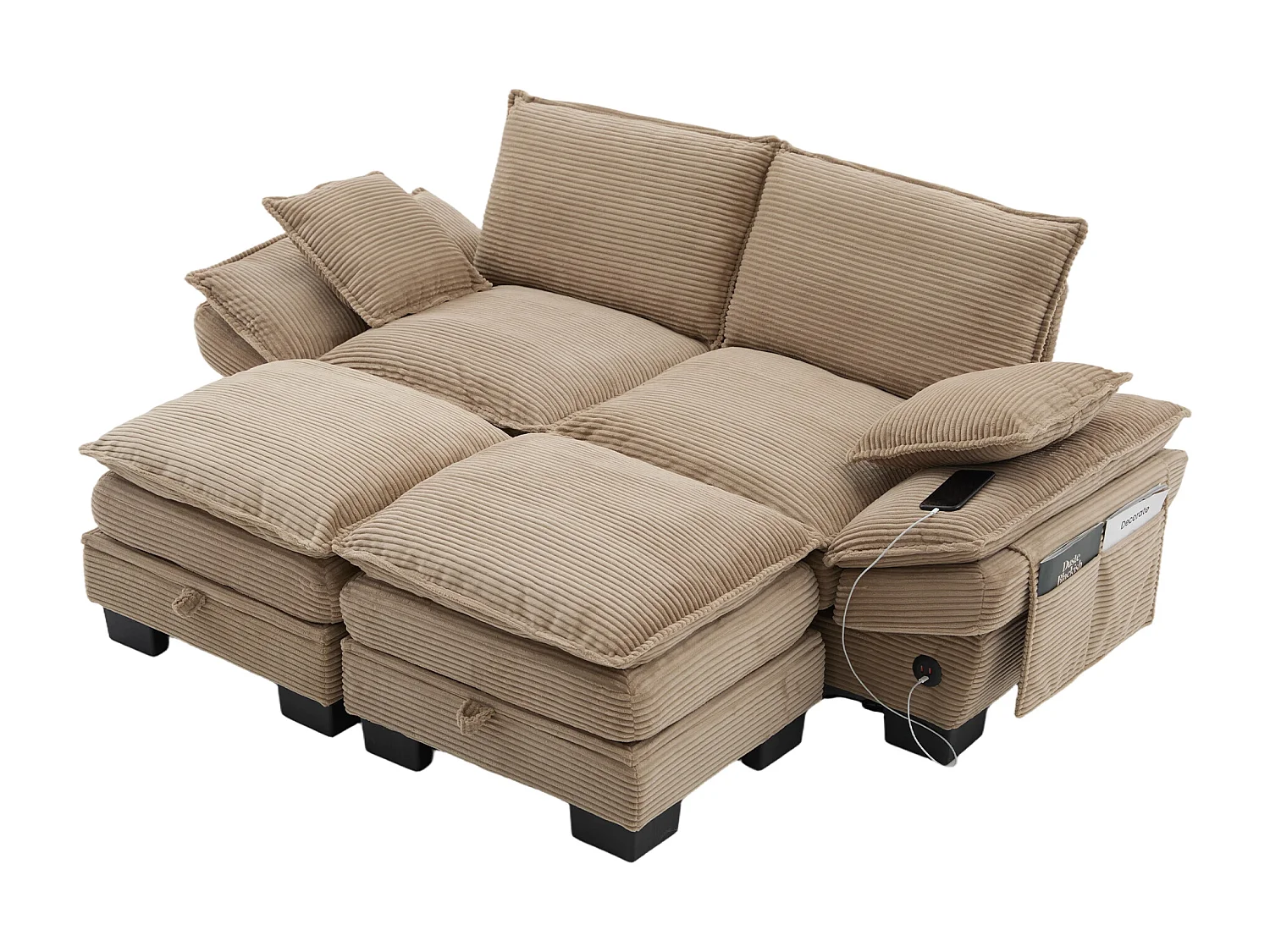 Ensemble canapé 2 places en velours côtelé - 190 x 132 x 84 cm - avec 2 poufs de rangement + USB + poches - kaki