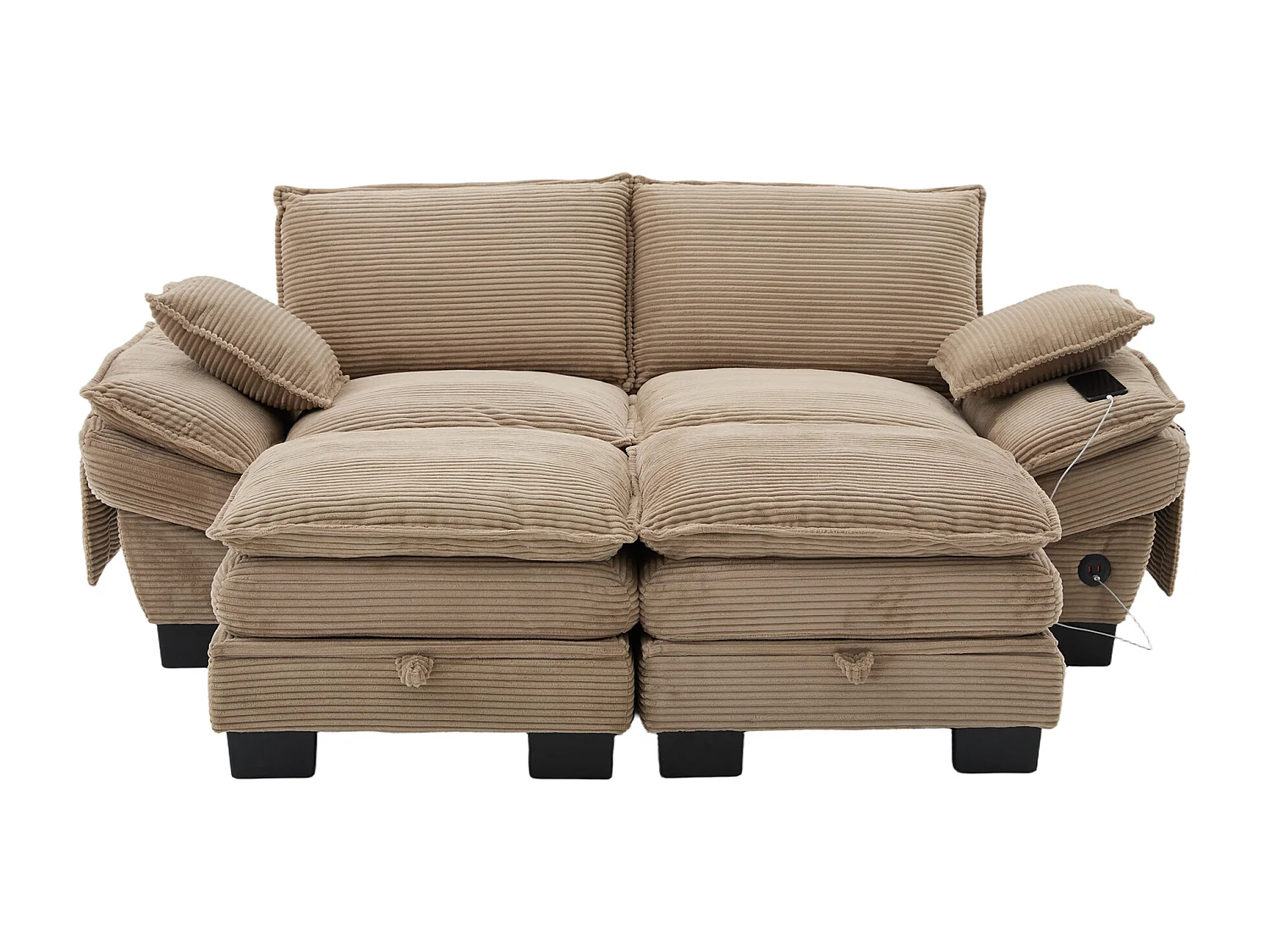 Ensemble canapé 2 places en velours côtelé - 190 x 132 x 84 cm - avec 2 poufs de rangement + USB + poches - kaki